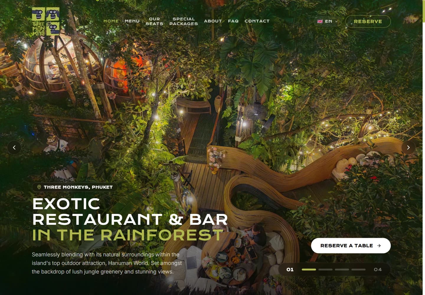 Three Monkeys Restaurant website homepage